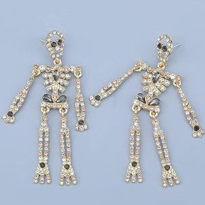 Gold Peach Skeleton Rhinestone Earrings Halloween Party CZ Dangle Skeletons New